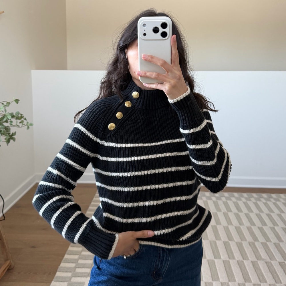 J. Crew Navy and White Striped Turtleneck Sweater with Gold Buttons